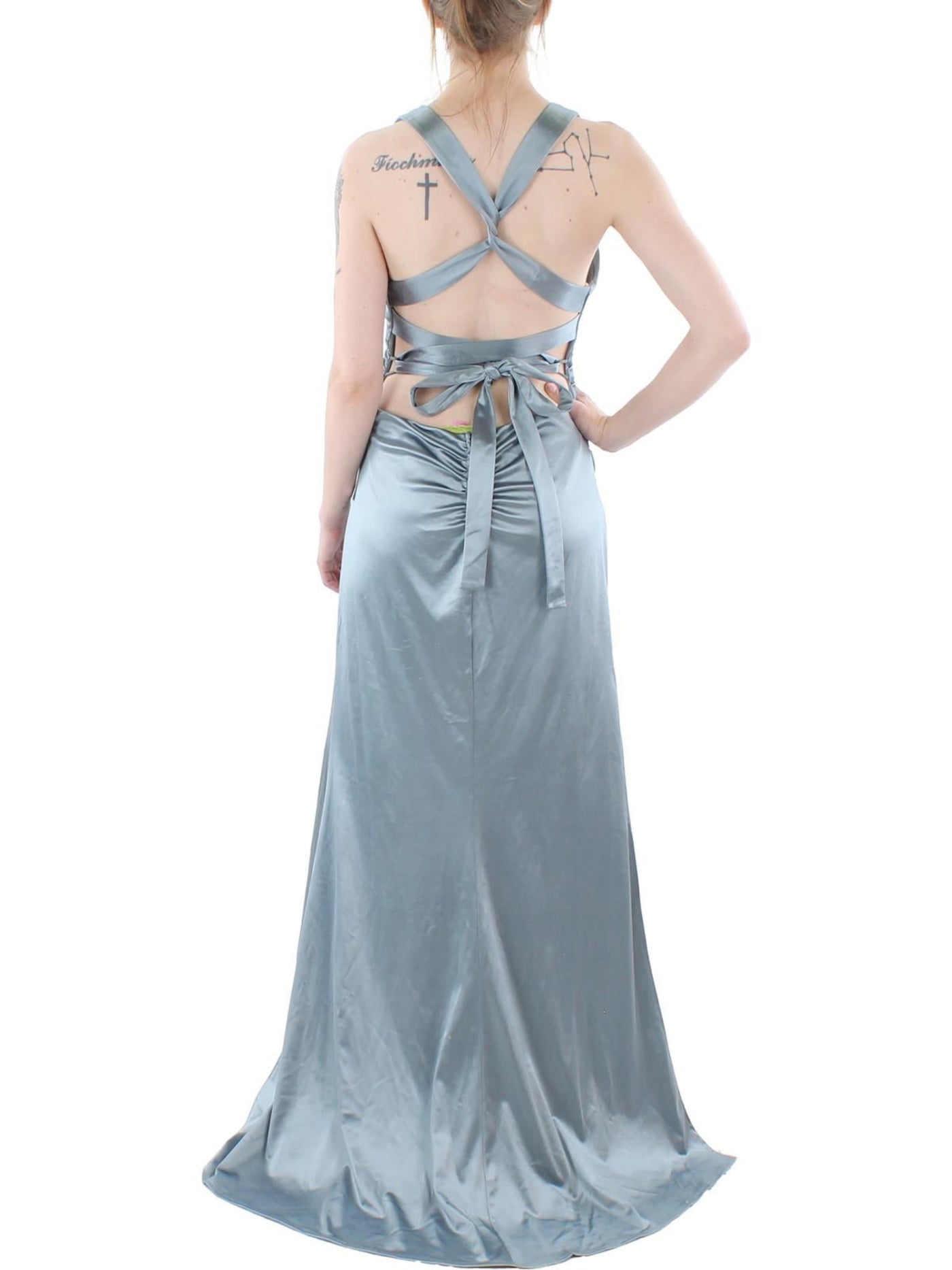 B DARLIN Womens Gray Stretch Zippered Slitted Satin Tie Crisscross Straps Sleeveless V Neck Full-Length Prom Gown Dress 17/18