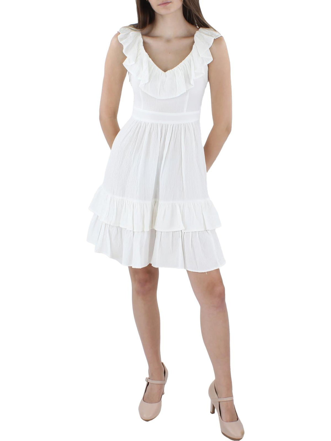 CALVIN KLEIN Womens White Zippered Textured Ruffled Neckline Tiered He – Bobbi + Bricka CALVIN KLEIN Womens White Zippered Textured Ruffled Neckline Tiered He – Bobbi + Bricka