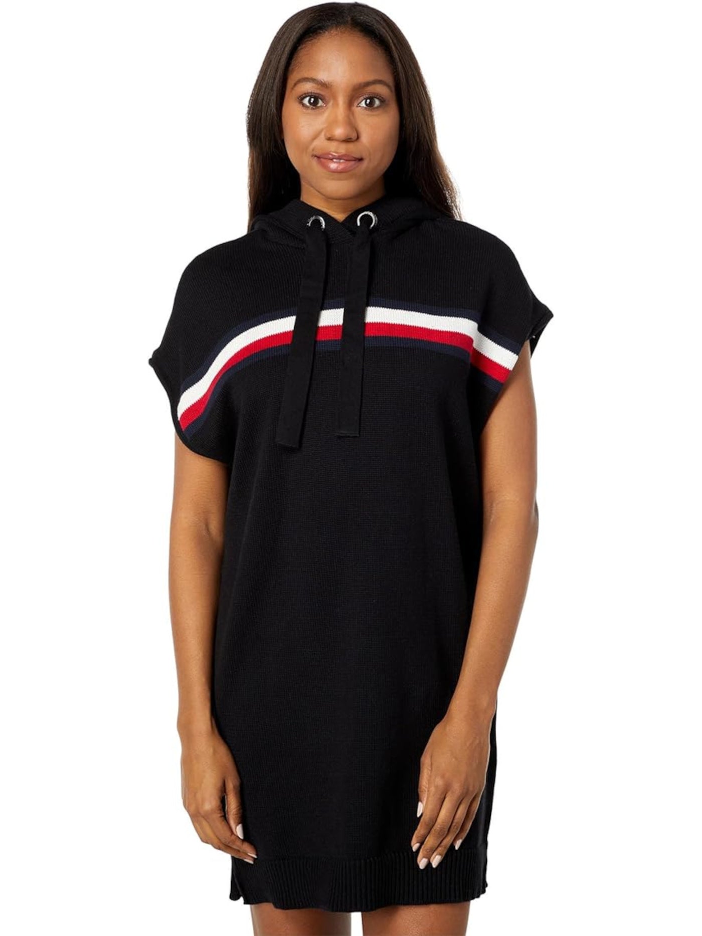 TOMMY HILFIGER Womens Black Striped Cap Sleeve Crew Neck Short Sweater Dress L