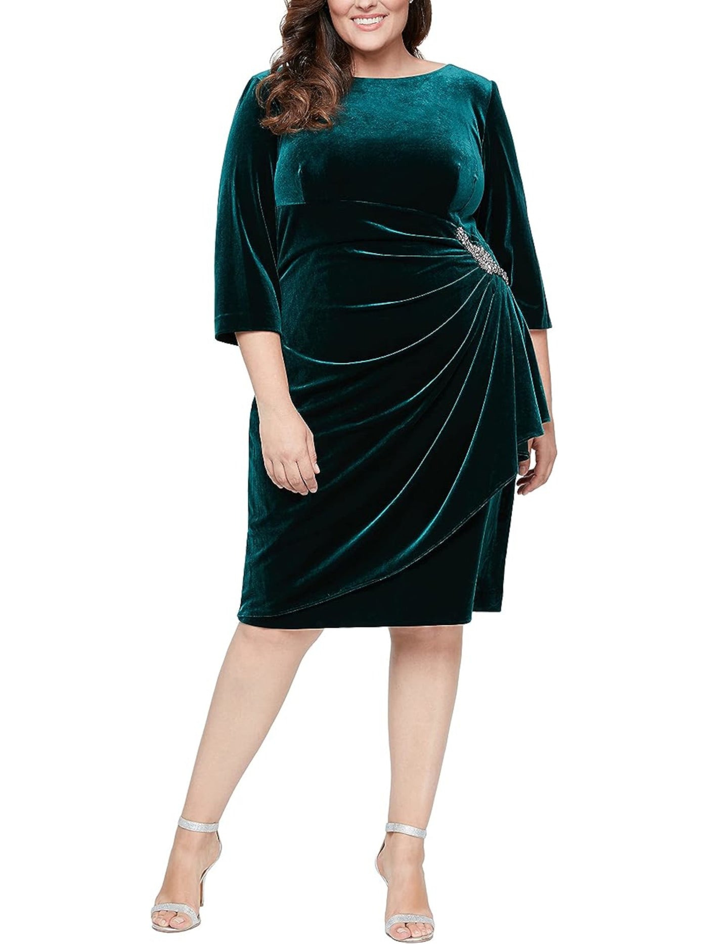 ALEX EVENINGS WOMAN Womens Green Stretch Embellished Zippered Pleated Velvet Lined 3/4 Sleeve Round Neck Knee Length Formal Sheath Dress Plus 14W