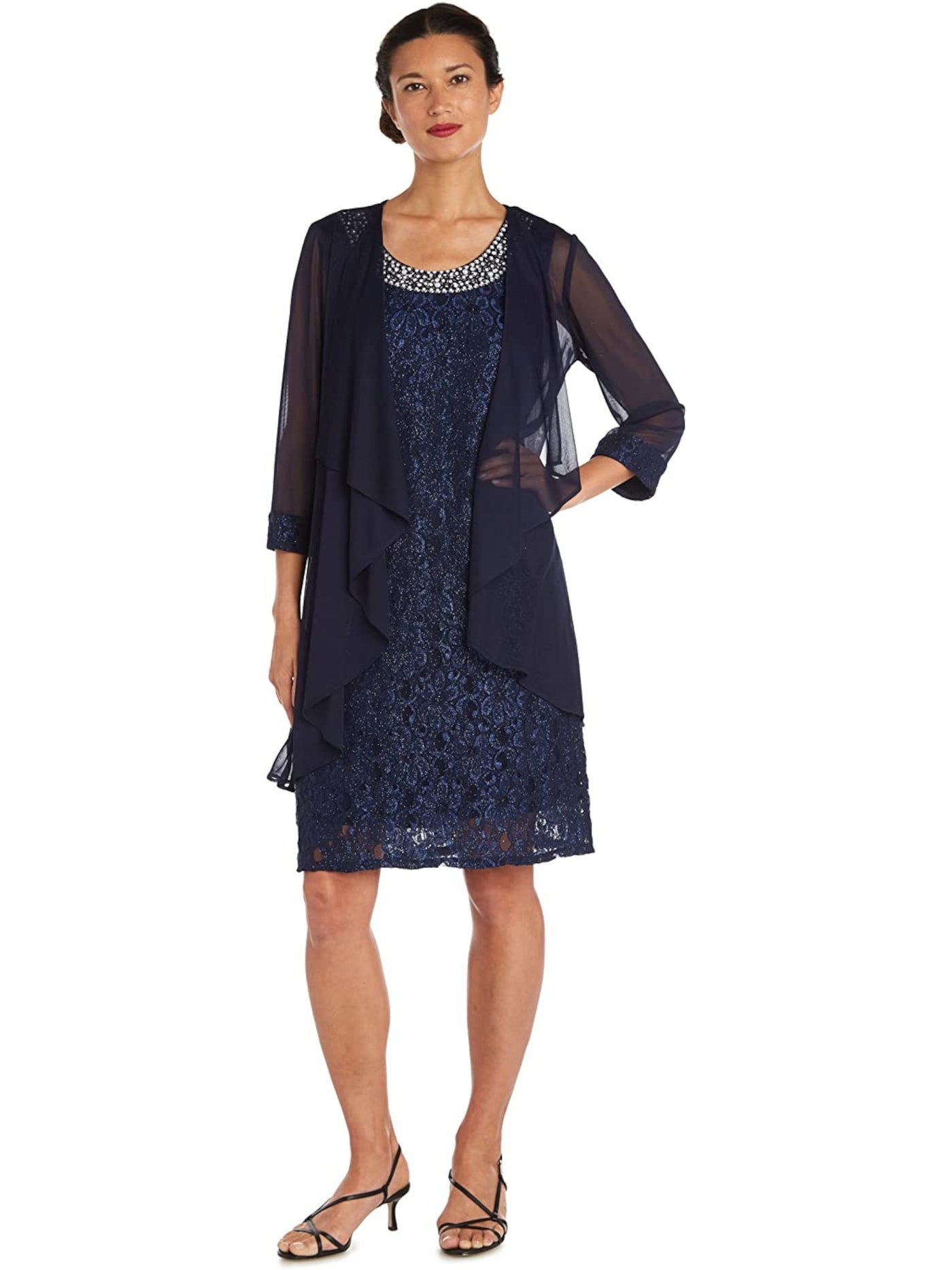 R&M RICHARDS Womens Navy Open Front Sheer 3/4 Sleeve Draped Jacket Plus 18W