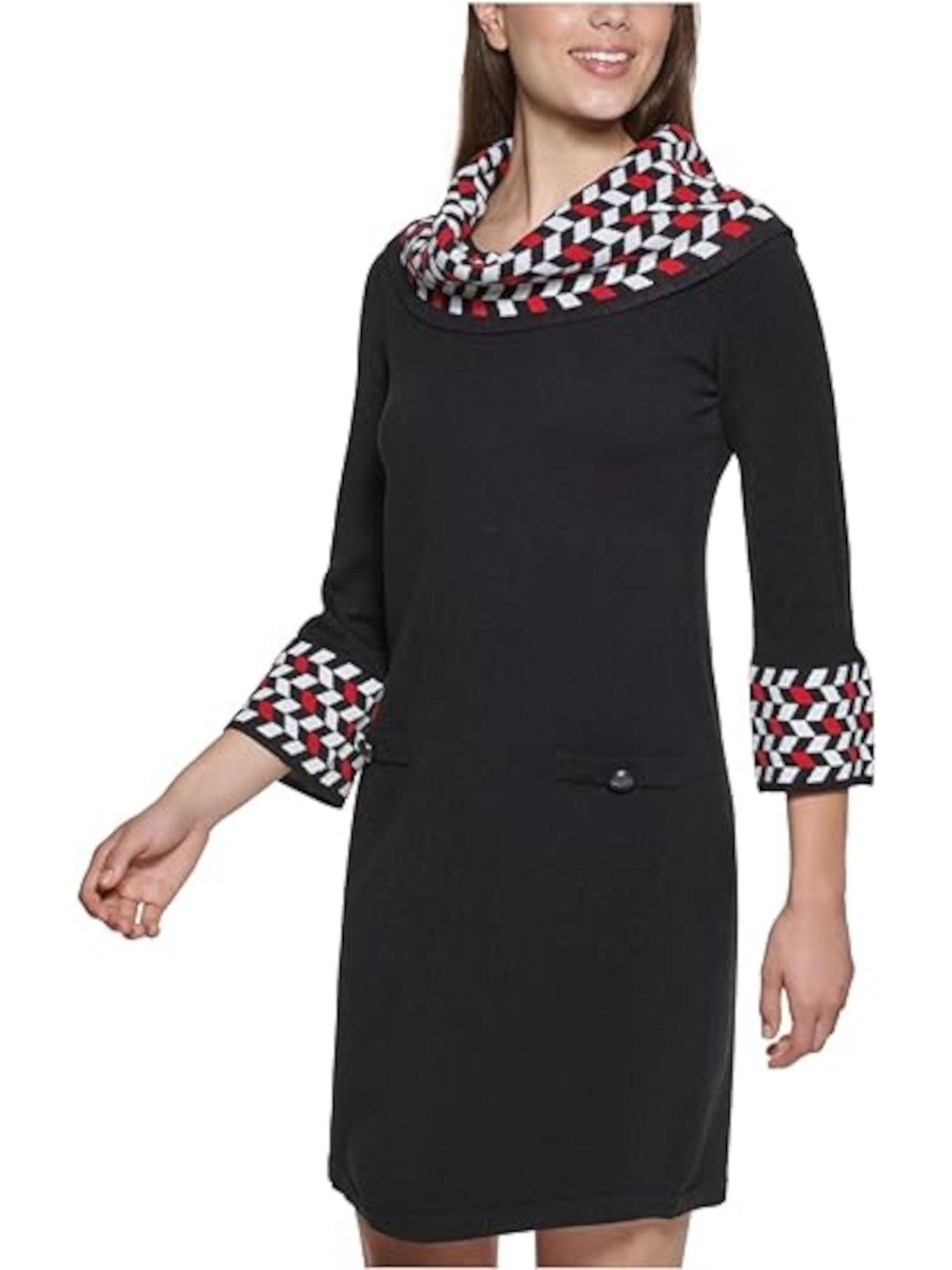 JESSICA HOWARD Womens Black Knit Unlined Faux Pockets Geometric 3/4 Sleeve Cowl Neck Above The Knee Wear To Work Sweater Dress Petites PL