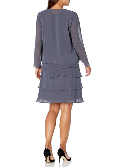 SLNY Womens Gray Sheer Open Front Embellished Padded Shoulders Long Sleeve Wear To Work Jacket 10