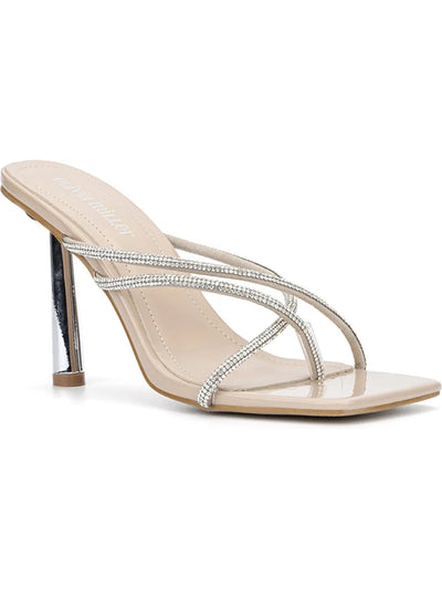 OLIVIA MILLER Womens Beige Metallic Heel Rhinestone Strappy Margot Square Toe Stiletto Slip On Dress Sandals Shoes 9