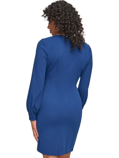 DKNY Womens Blue Zippered Side-knot Long Sleeve Surplice Neckline Above The Knee Wear To Work Faux Wrap Dress 4