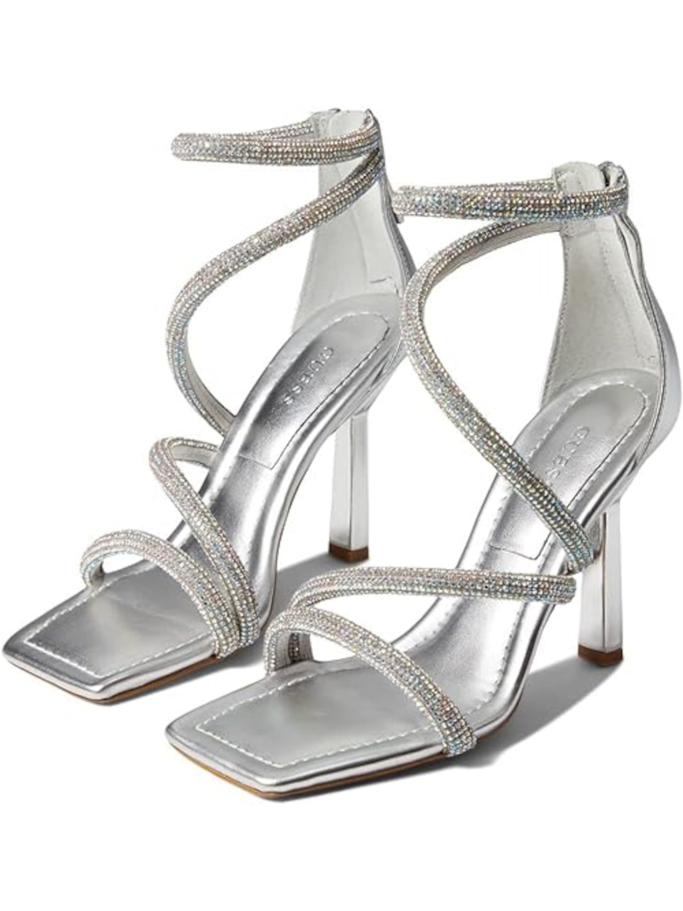 GUESS Womens Silver Padded Ankle Strap Embellished Lalali Square Toe Zip-Up Dress Heeled Sandal 6.5 M