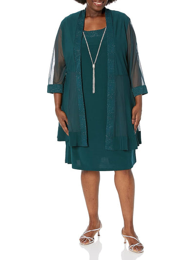 R&M RICHARDS Womens Green Sheer Glitter 3/4 Sleeve Open Front Evening Cardigan Plus 14W