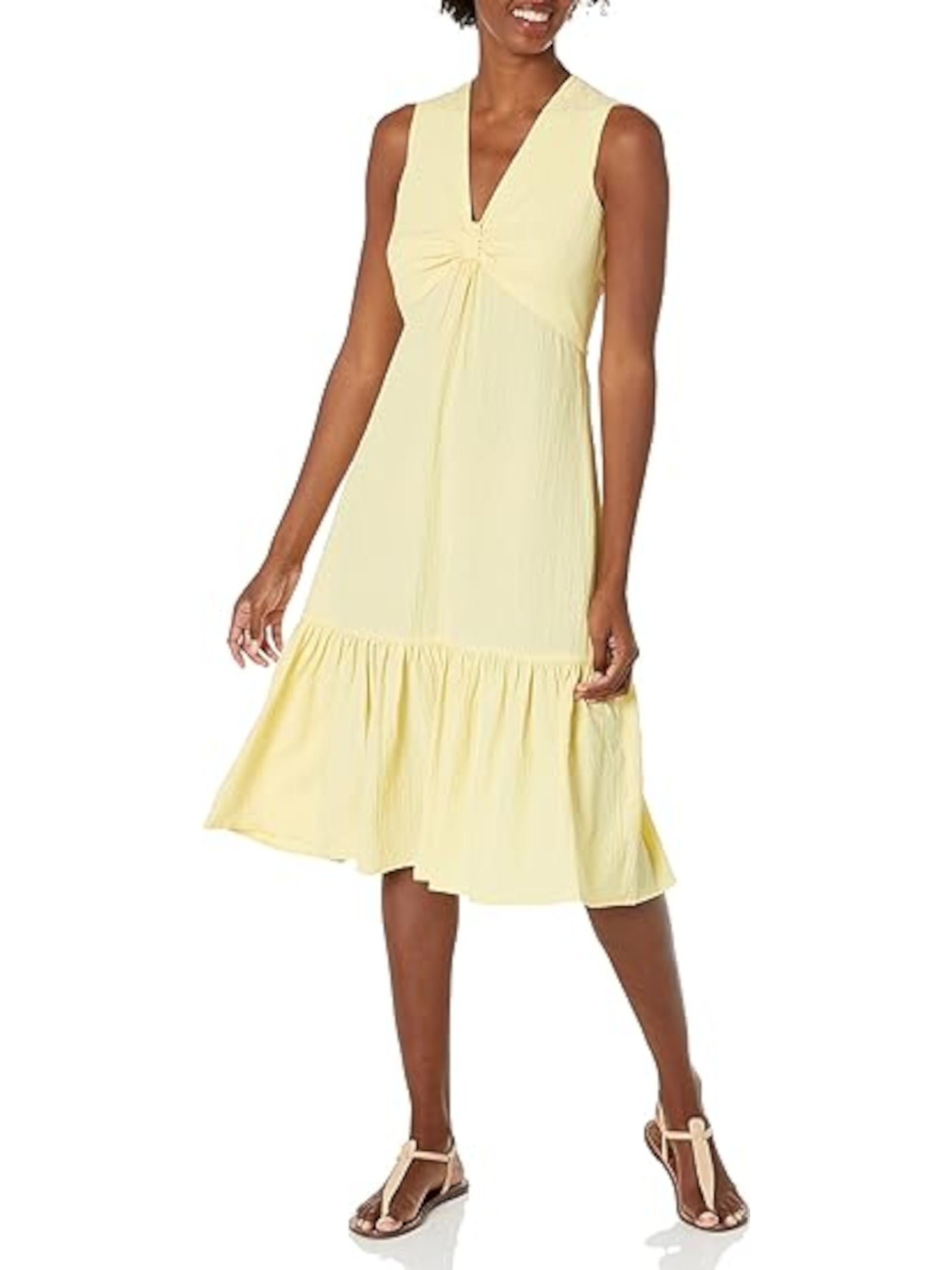 CALVIN KLEIN Womens Yellow Zippered Ruched Unlined Sleeveless V Neck Below The Knee Fit + Flare Dress 8