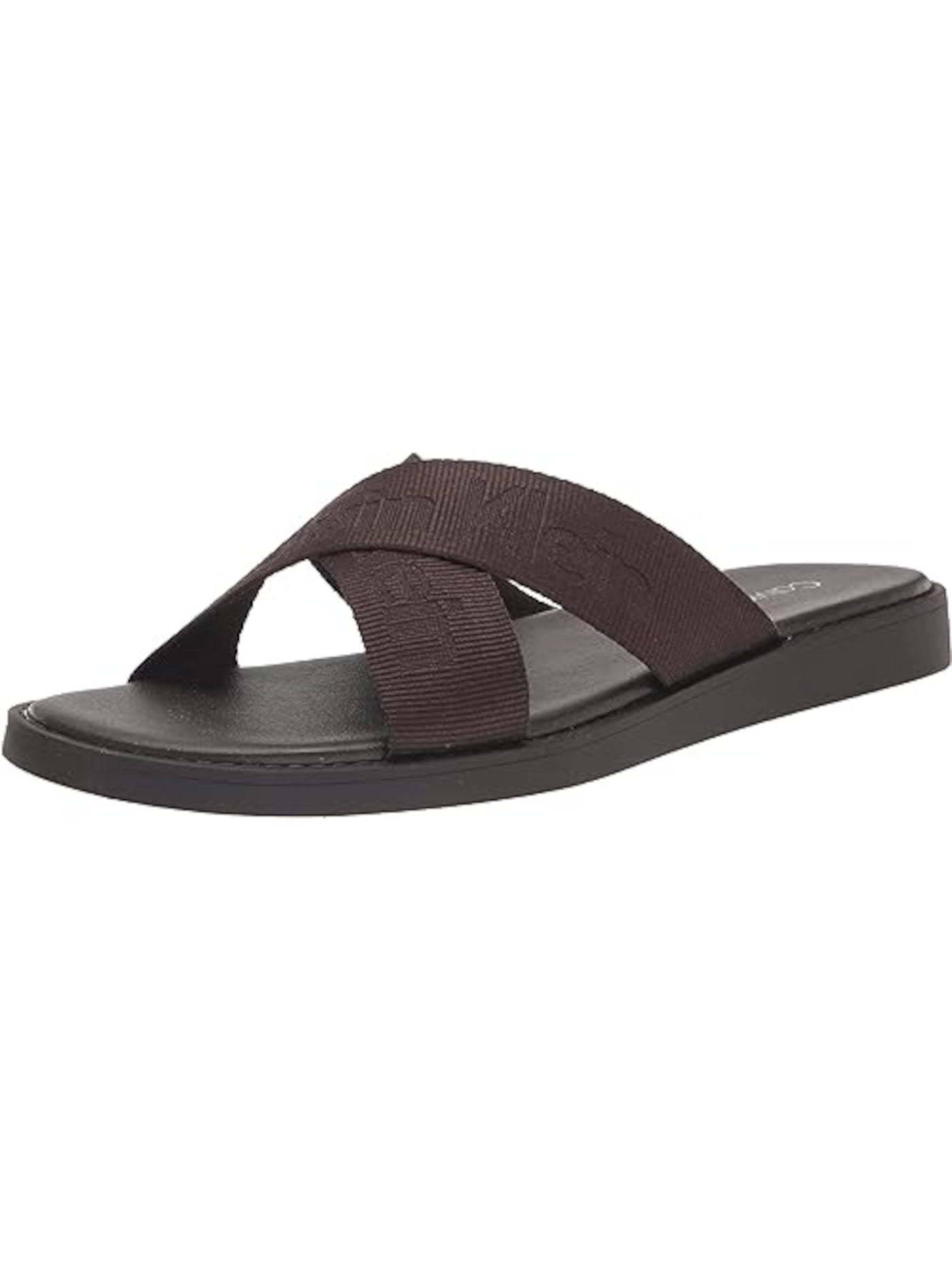 CALVIN KLEIN Mens Brown Mixed Media Cross Straps Padded Evano Round Toe Slide Sandals Shoes 7