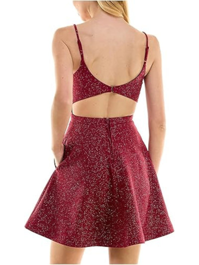 CITY STUDIO Womens Maroon Metallic Zippered Pocketed Open Back Adjustable Pinstripe Spaghetti Strap Sweetheart Neckline Short Party Fit + Flare Dress Juniors 5