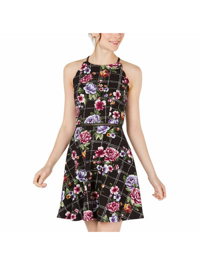 BCX DRESS Womens Black Floral Sleeveless Jewel Neck Above The Knee Fit + Flare Dress 13