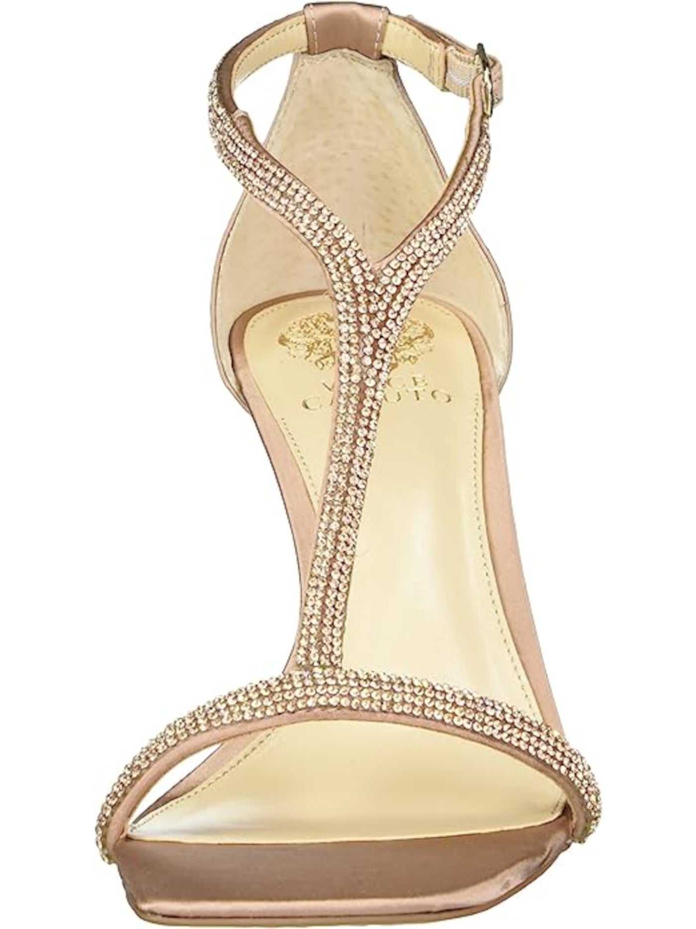 VINCE CAMUTO Womens Gold Rhinestone T-Strap Sorthand Square Toe Flare Buckle Dress Heeled Sandal 6 M