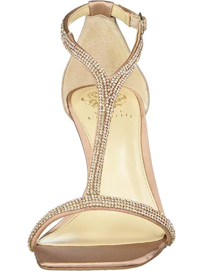 VINCE CAMUTO Womens Gold Rhinestone T-Strap Sorthand Square Toe Flare Buckle Dress Heeled Sandal 6 M