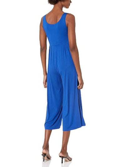 CALVIN KLEIN Womens Blue Stretch Pocketed Pleated Sleeveless Scoop Neck Party Cropped Jumpsuit 12