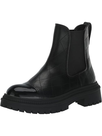 STEVE MADDEN Womens Black Geometric 1" Platform Heel Pull-Tab Padded Embroidered Lug Sole Mayslie Cap Toe Leather Chelsea Boot 10 M