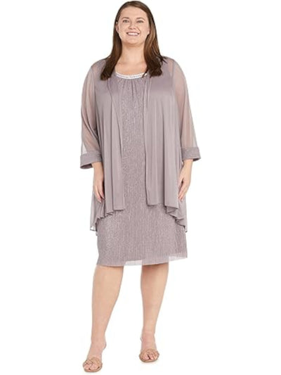 R&M RICHARDS PETITE Womens Beige Embellished Lined Open Front 3/4 Sleeve Jacket Sleeveless Scoop Neck Knee Length Cocktail Shift Dress Petites 10P