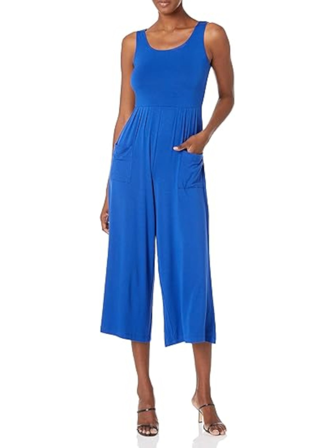 CALVIN KLEIN Womens Blue Stretch Pocketed Pleated Sleeveless Scoop Neck Party Cropped Jumpsuit 12