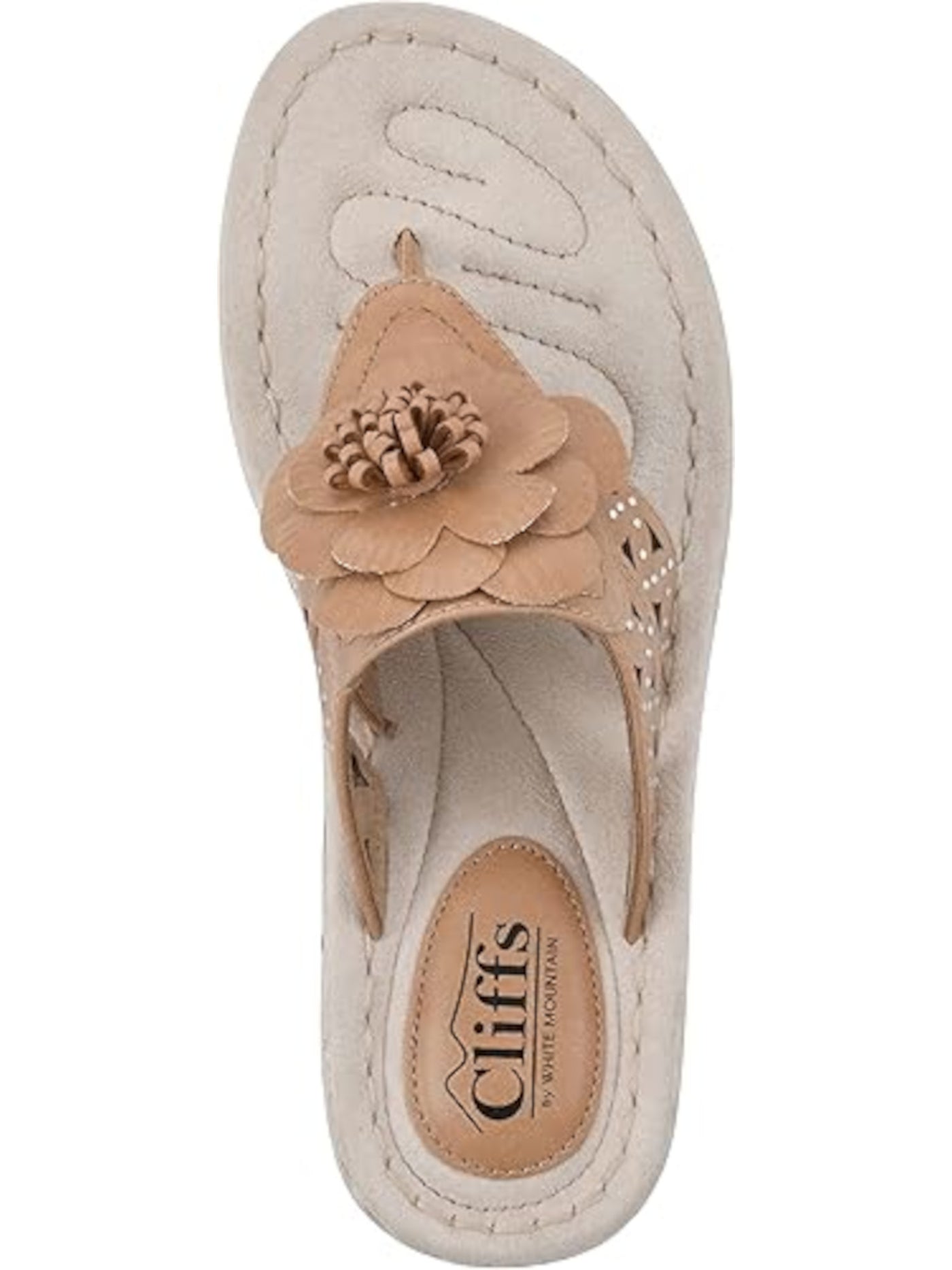 CLIFFS BY WHITE MOUNTAIN Womens Brown Cut Out Floral Accent Cushioned Rhinestone Cynthia Round Toe Wedge Slip On Thong Sandals Shoes 8.5 M