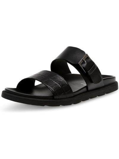 STEVE MADDEN Mens Black Embossed Front Strap Corro Round Toe Buckle Leather Sandals Shoes 10.5 M