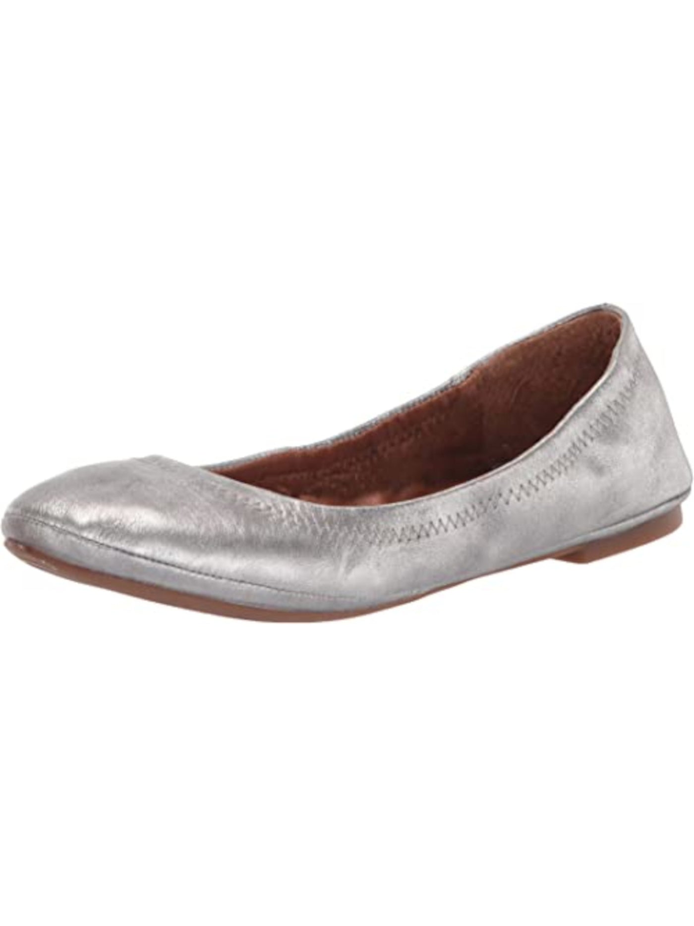 LUCKY BRAND Womens Silver Top-Stitched Elastic Ruched Padded Emmie Round Toe Slip On Leather Ballet Flats 5.5 M