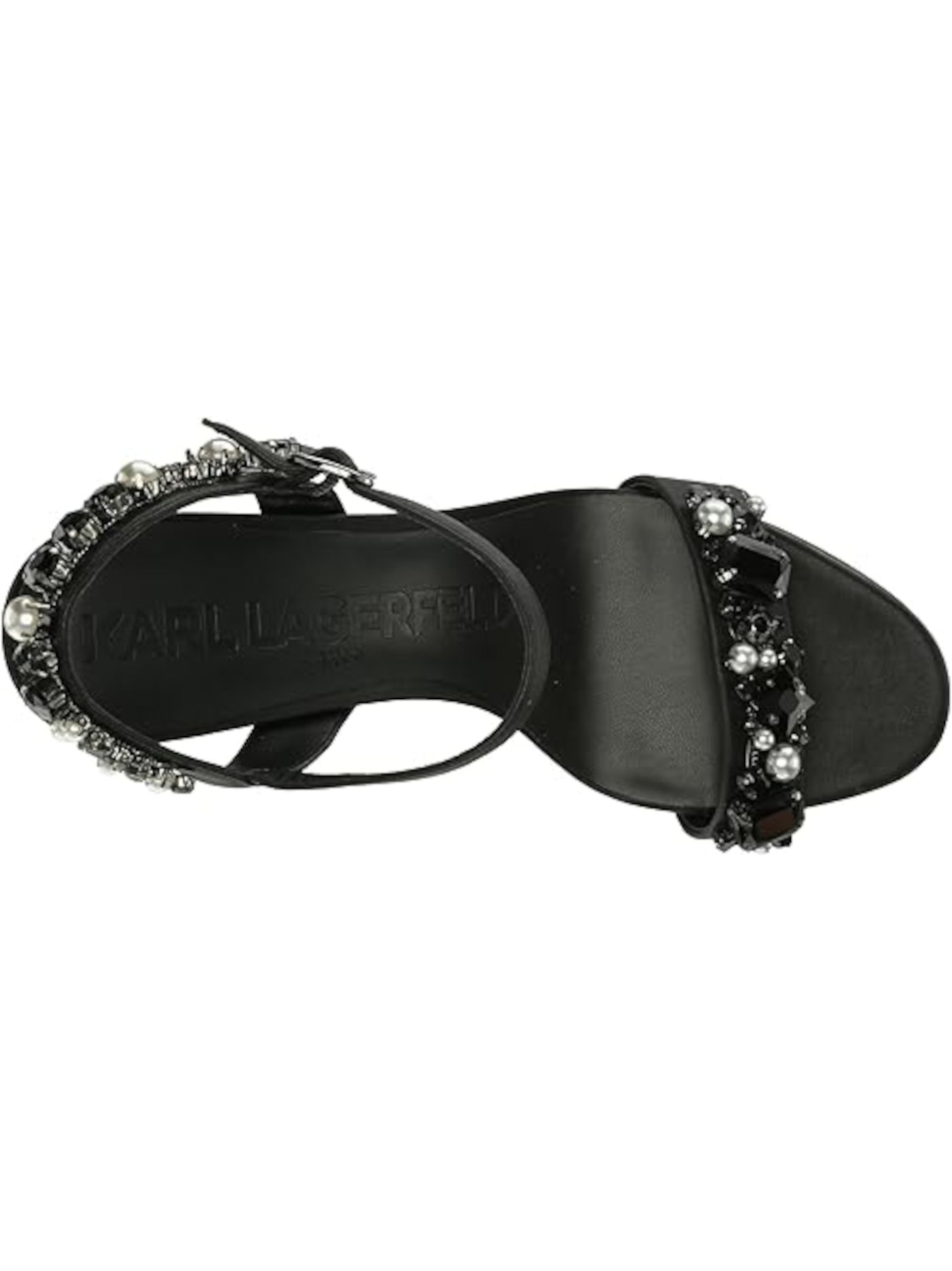 KARL LAGERFELD PARIS Womens Black Padded Embellished Ankle Strap Claude Open Toe Block Heel Buckle Dress Heeled Sandal 5.5