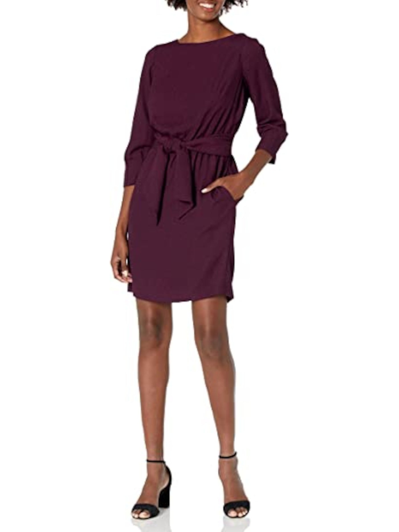 VINCE CAMUTO Womens Purple Smocked Pleated Self Tie Waist Scuba Crepe Butto 3/4 Sleeve Boat Neck Above The Knee Wear To Work Sheath Dress Petites 0P