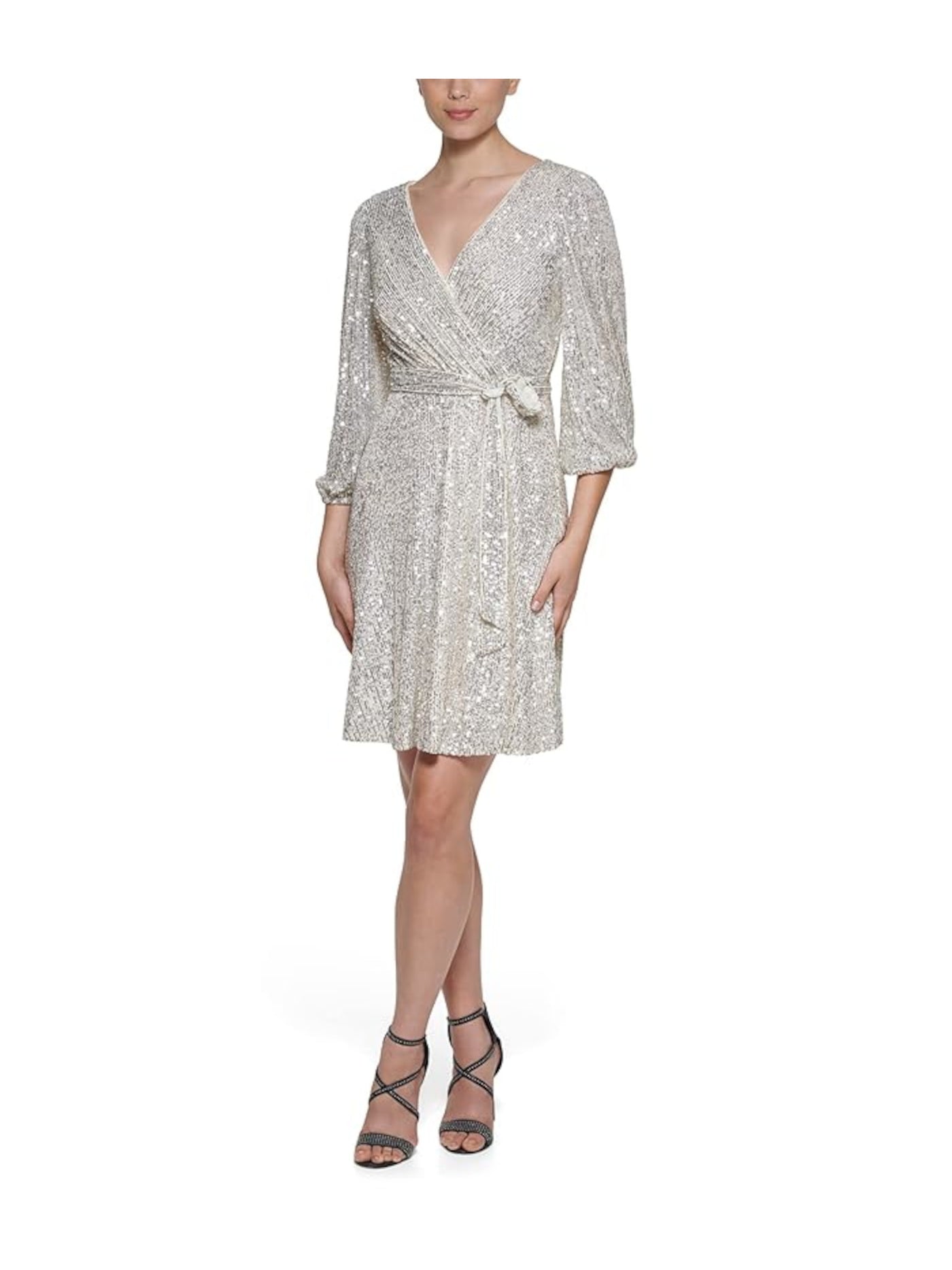 DKNY Womens Silver Zippered Sequined Lined Sheer Tie Belt 3/4 Sleeve Surplice Neckline Knee Length Evening Fit + Flare Dress 12
