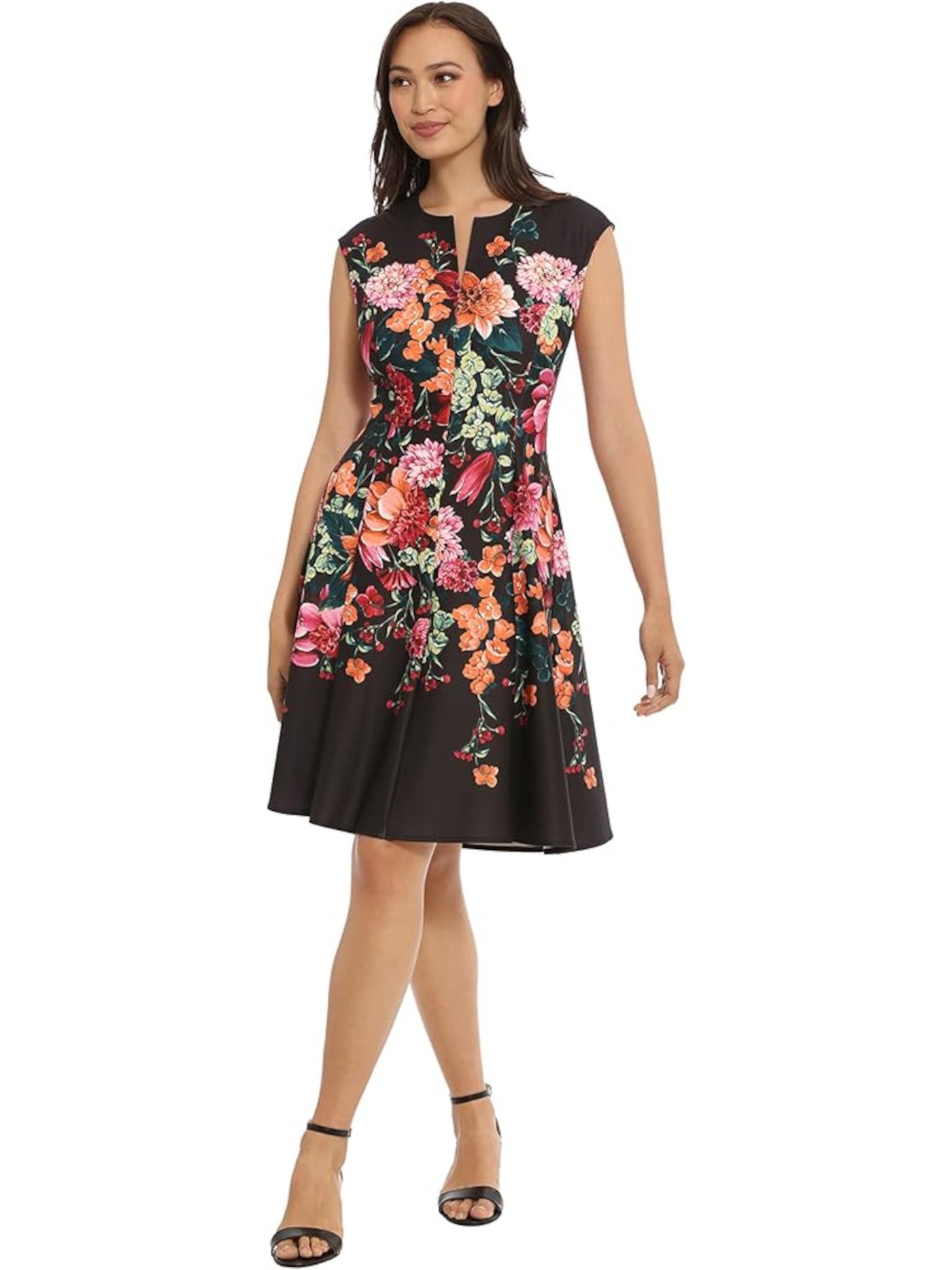 LONDON TIMES PETITES Womens Black Zippered Floral Sleeveless Split Above The Knee Wear To Work Fit + Flare Dress Petites 6P