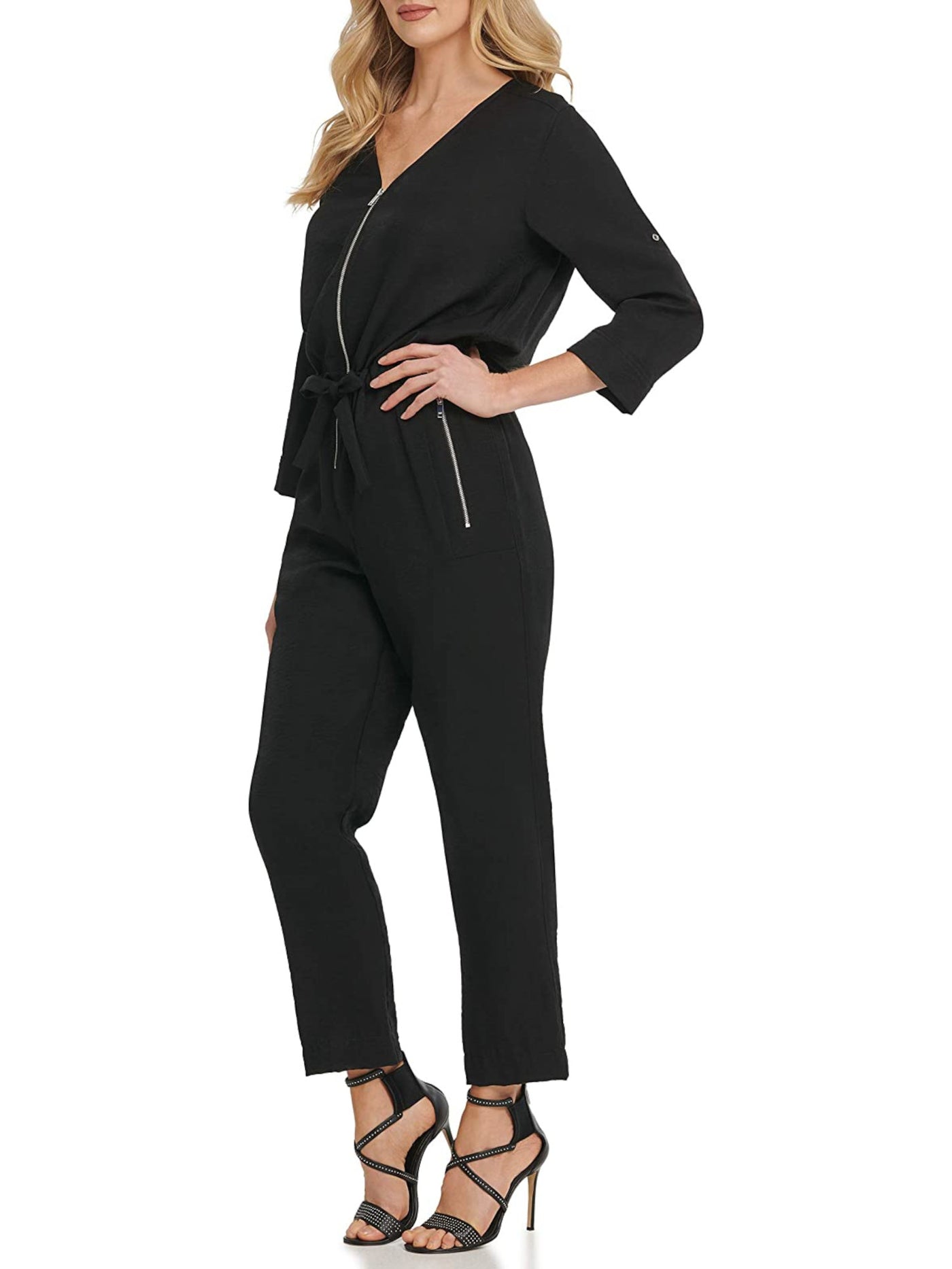 DKNY Womens Black Zippered Pocketed Drawstring Waist Roll-tab Sleeve V Neck Straight leg Jumpsuit 4