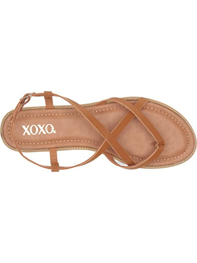 XOXO Womens Tan Beige Strappy Padded Maury Round Toe Block Heel Buckle Sandals Shoes 6.5