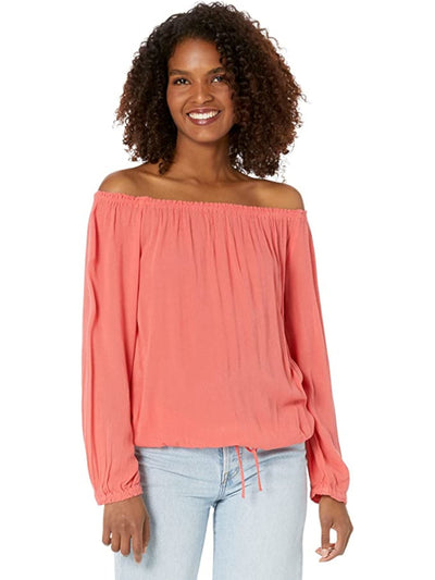 TOMMY HILFIGER Womens Coral Textured Tie Hem Long Sleeve Off Shoulder Top XS
