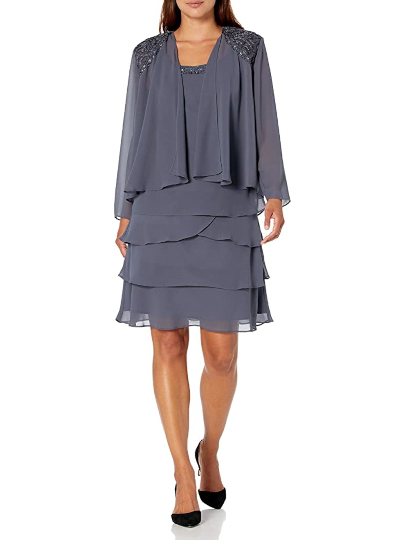 SLNY Womens Gray Sheer Open Front Embellished Padded Shoulders Long Sleeve Wear To Work Jacket 10