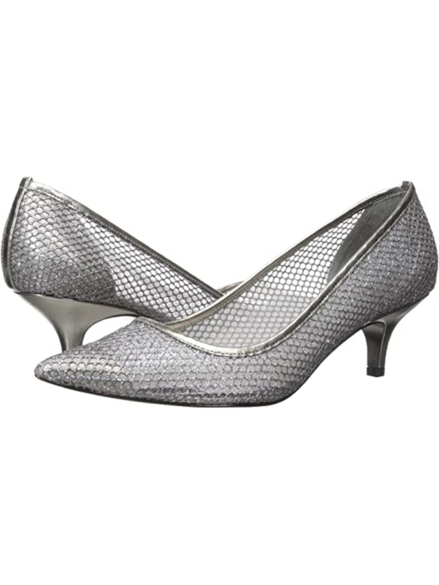 ADRIANNA PAPELL Womens Silver Fishnet See-Through Glitter Padded Lois Pointed Toe Kitten Heel Slip On Pumps Shoes 6.5 M