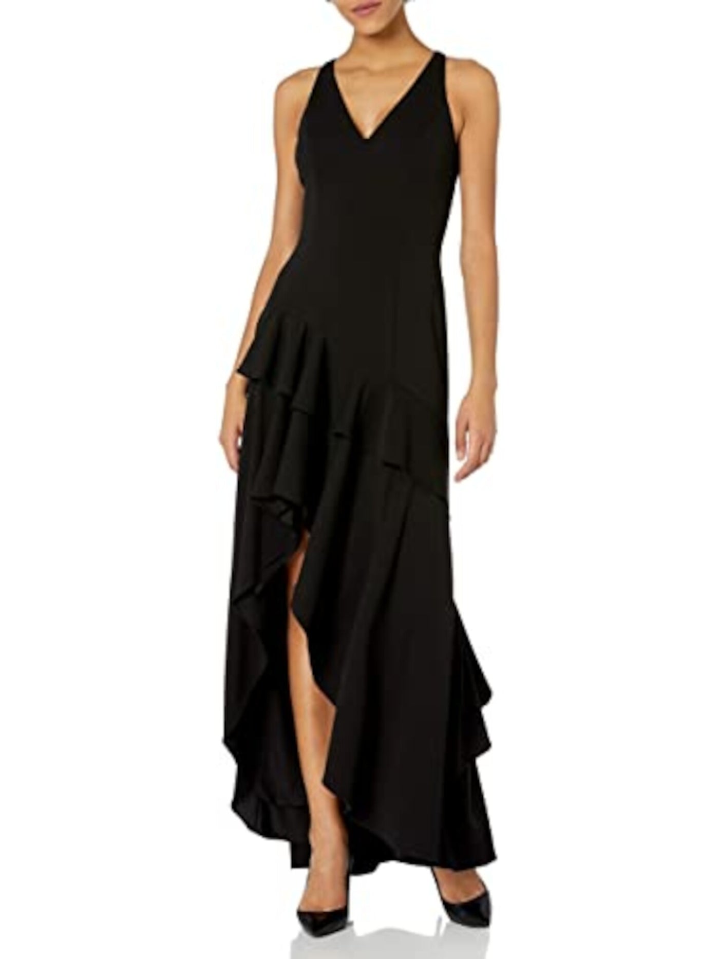 ADRIANNA PAPELL Womens Black Ruffled Sleeveless V Neck Full-Length Formal Wrap Dress 2