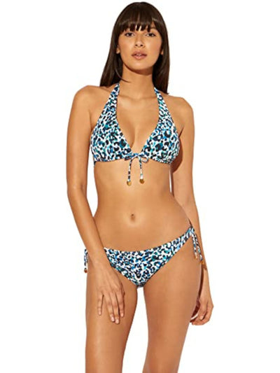 BLEU Women's Navy Animal Print Stretch Halter Tie Deep V Neck Adjustable Triangle Swimsuit Top 12