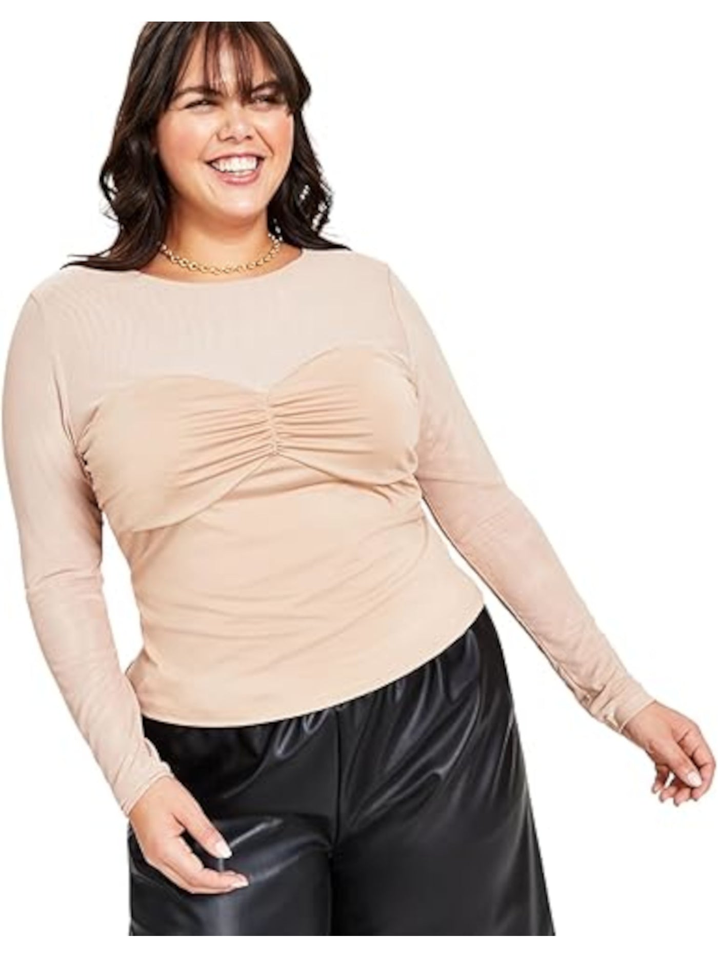 BAR III Womens Beige Ruched Sheer Semi Sheer Long Sleeve Illusion Neckline Top Plus 0X