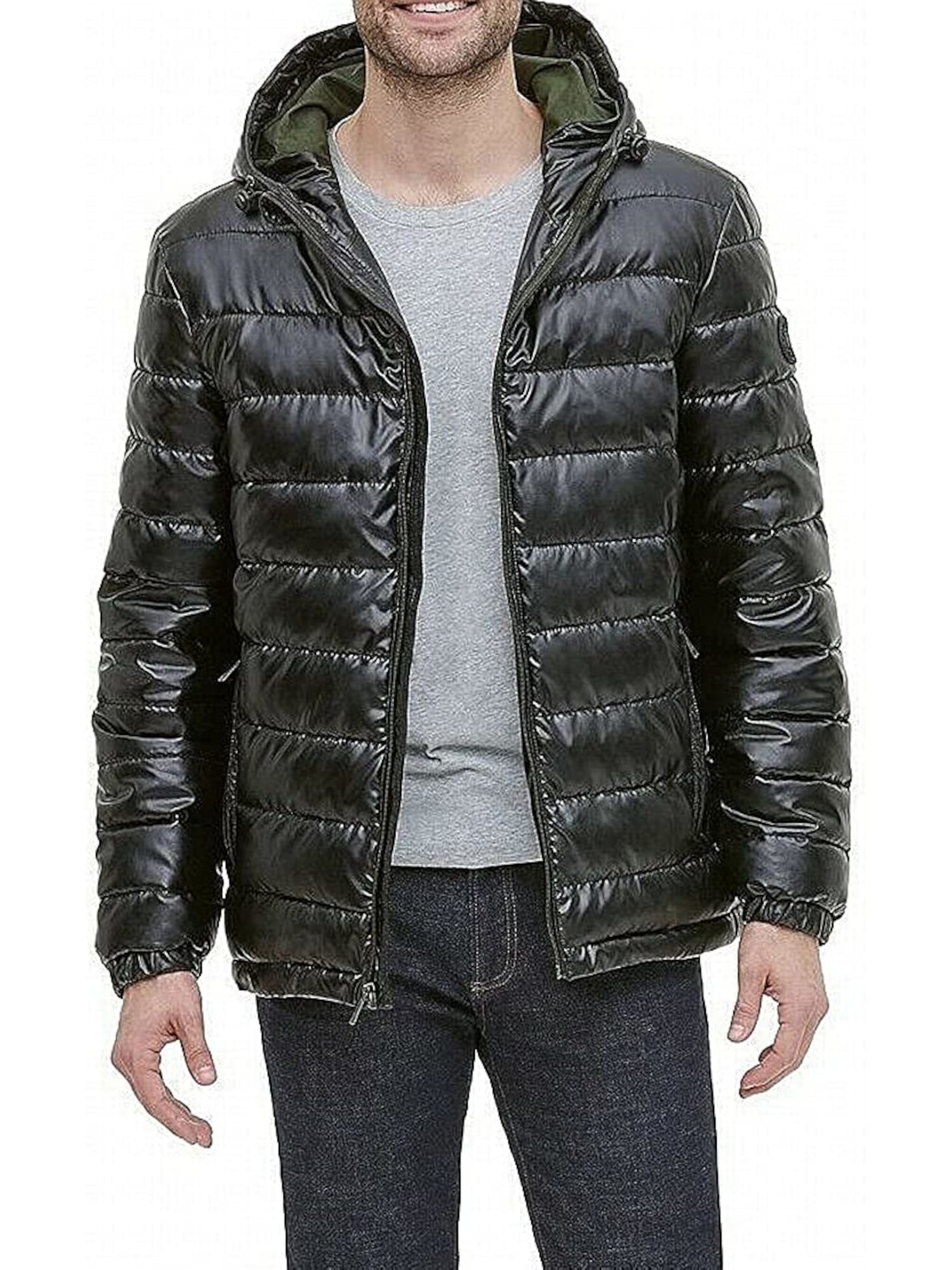 COLE HAAN Mens Black Quilted, Faux Leather Puffer Coat M