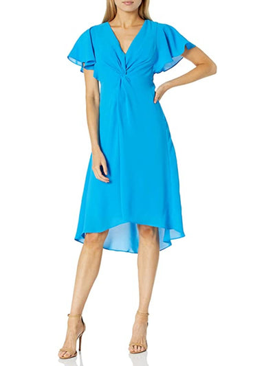 ADRIANNA PAPELL Womens Blue Twist Front Zippered High-low Flutter Sleeve V Neck Below The Knee Cocktail Fit + Flare Dress 14