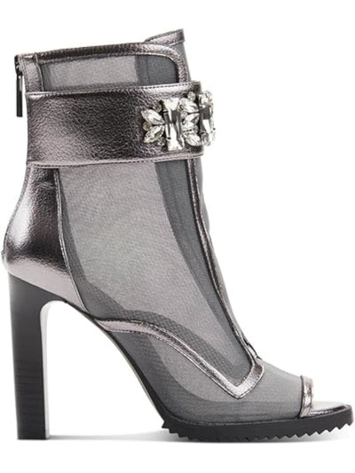 KARL LAGERFELD PARIS Womens Silver Gem Accent Metallic Padded Lug Sole Blayze Round Toe Stiletto Zip-Up Booties 5.5 M