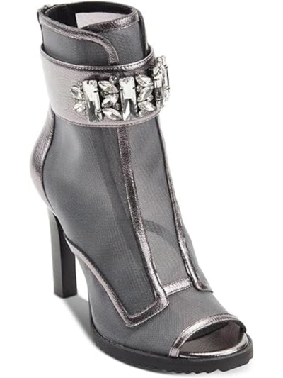KARL LAGERFELD PARIS Womens Silver Gem Accent Metallic Padded Lug Sole Blayze Round Toe Stiletto Zip-Up Booties 5.5 M