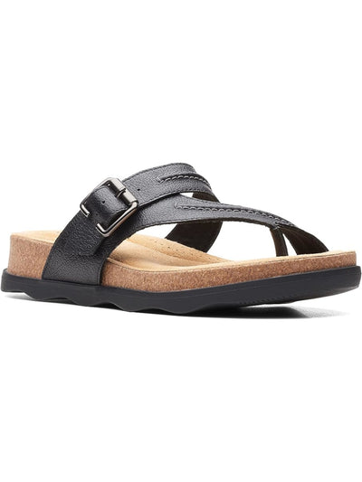 CLARKS COLLECTION Womens Black Buckle Accent Cushioned Brynn Madi Round Toe Wedge Slip On Leather Thong Sandals Shoes 7.5 M