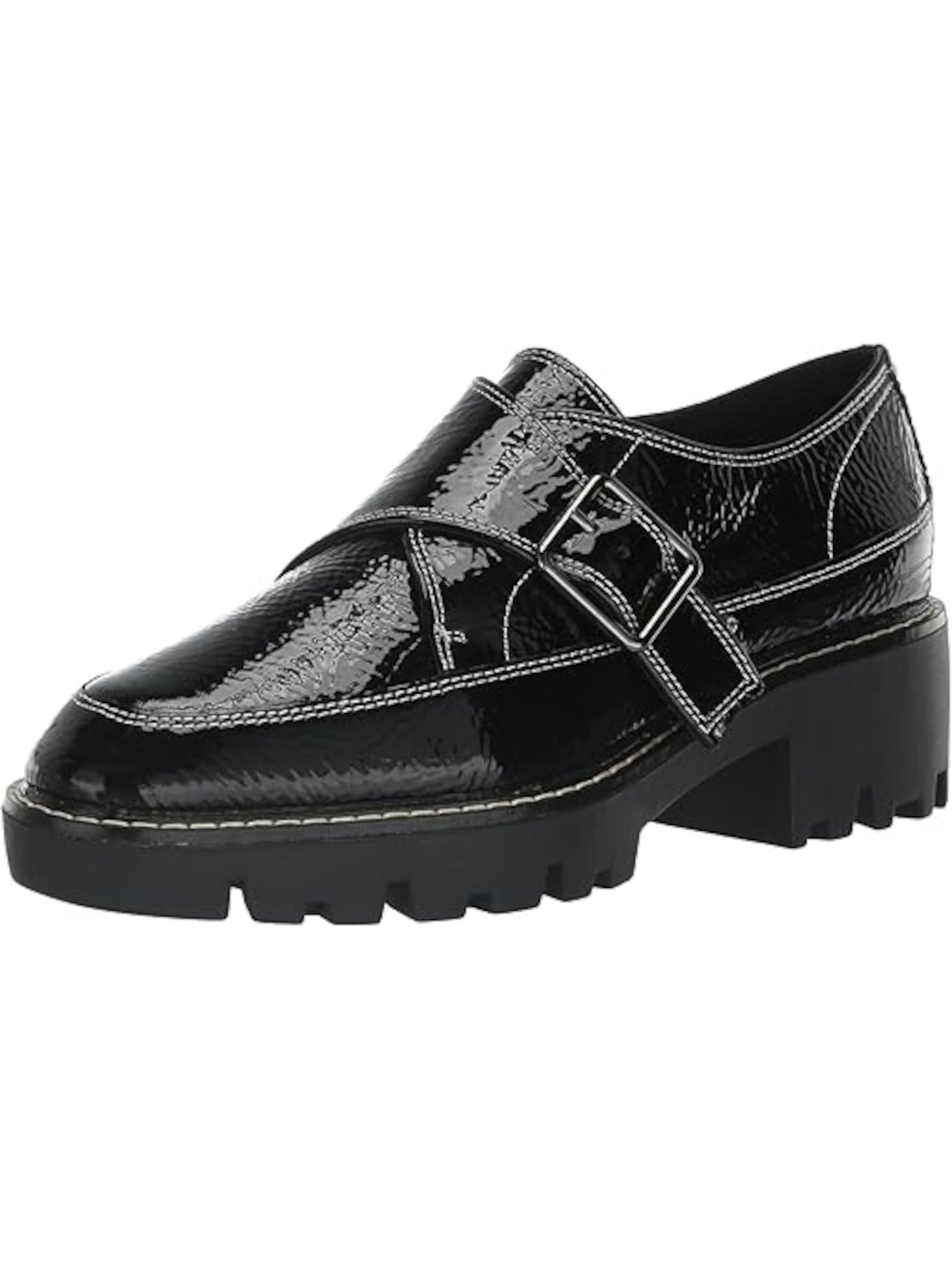 DONALD PLINER Womens Black Monk Strap Contrast Stitching Padded Treaded Lug Sole Elaina Almond Toe Block Heel Buckle Leather Dress Loafers Shoes 6.5