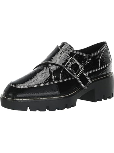DONALD PLINER Womens Black Monk Strap Contrast Stitching Padded Treaded Lug Sole Elaina Almond Toe Block Heel Buckle Leather Dress Loafers Shoes 6.5