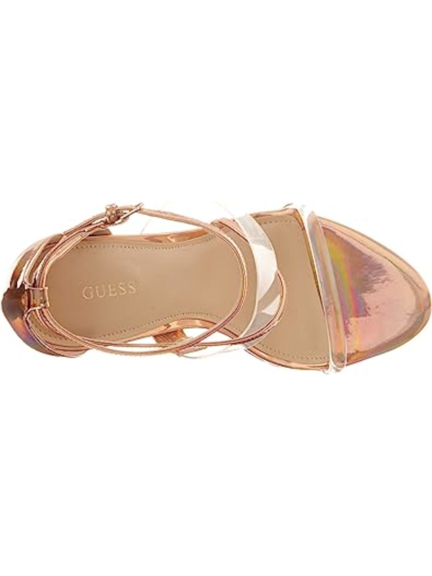 GUESS Womens Beige Padded Transparent Strappy Iridescent Adjustable Strap Ankle Strap Felecia Almond Toe Stiletto Buckle Heeled Sandal 11 M
