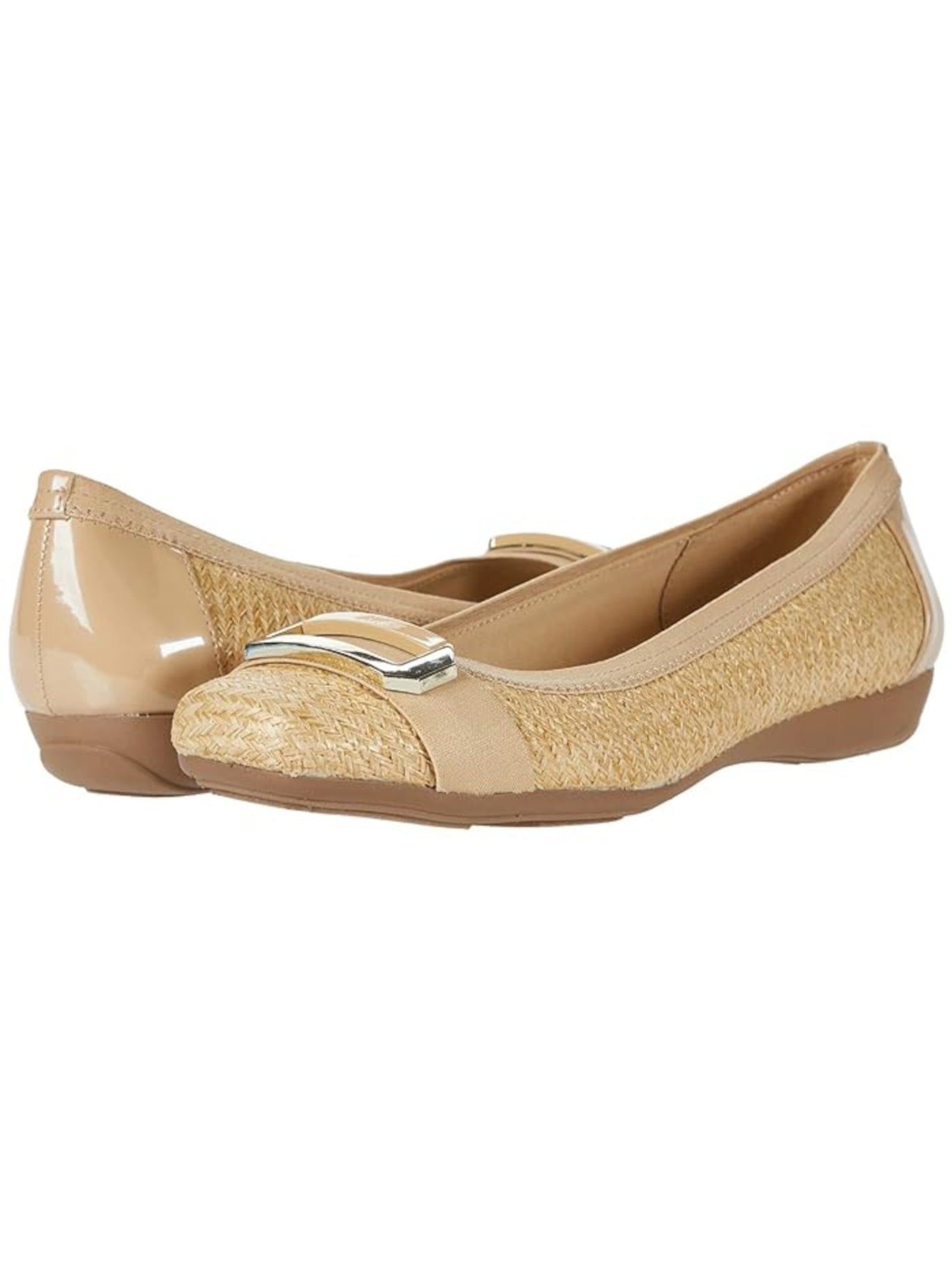 AK SPORT Womens Beige Stretch Lightweight Woven Buckle Accent Cushioned Uplift Square Toe Wedge Slip On Ballet Flats 7.5 M