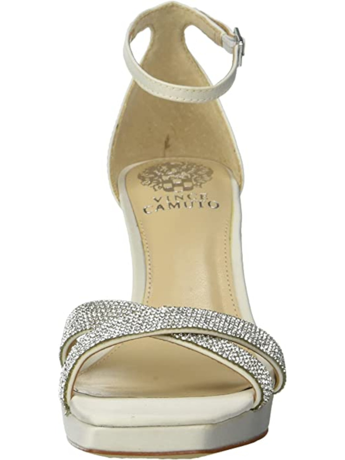 VINCE CAMUTO Womens Ivory Crossover Crystal Ankle Strap Embellished Kalvira Square Toe Stiletto Buckle Dress Heeled Sandal 7.5 M