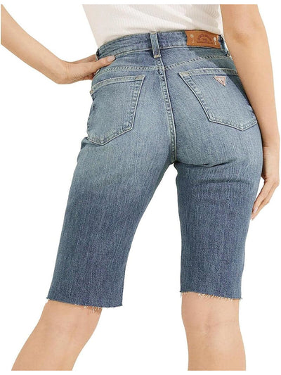 GUESS Womens Blue Denim Pocketed Zippered Cutoff Frayed Hem Bermuda High Waist Shorts 25 Waist