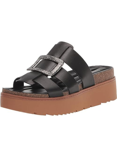 FRANCO SARTO Womens Black Goring 1-1/2" Platform Buckle Accent Cushioned Patricia Round Toe Wedge Slip On Leather Sandals Shoes 6.5 M