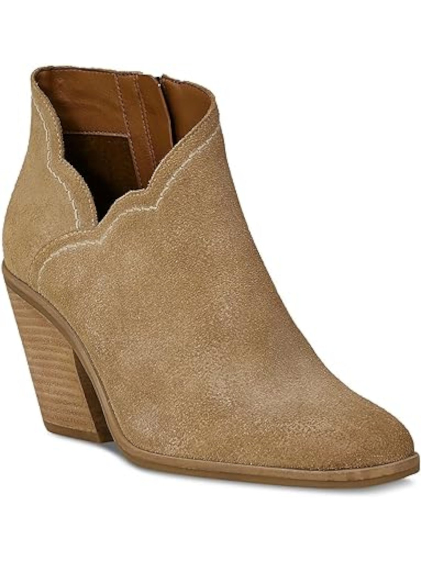 LUCKY BRAND Womens Beige V-Notch Scalloped Lakelyy Almond Toe Stacked Heel Zip-Up Leather Booties 6 M