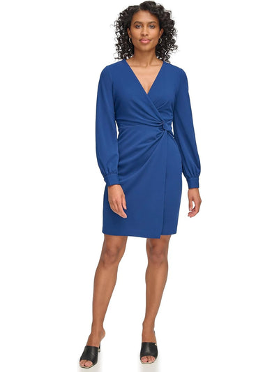 DKNY Womens Blue Zippered Side-knot Long Sleeve Surplice Neckline Above The Knee Wear To Work Faux Wrap Dress 4